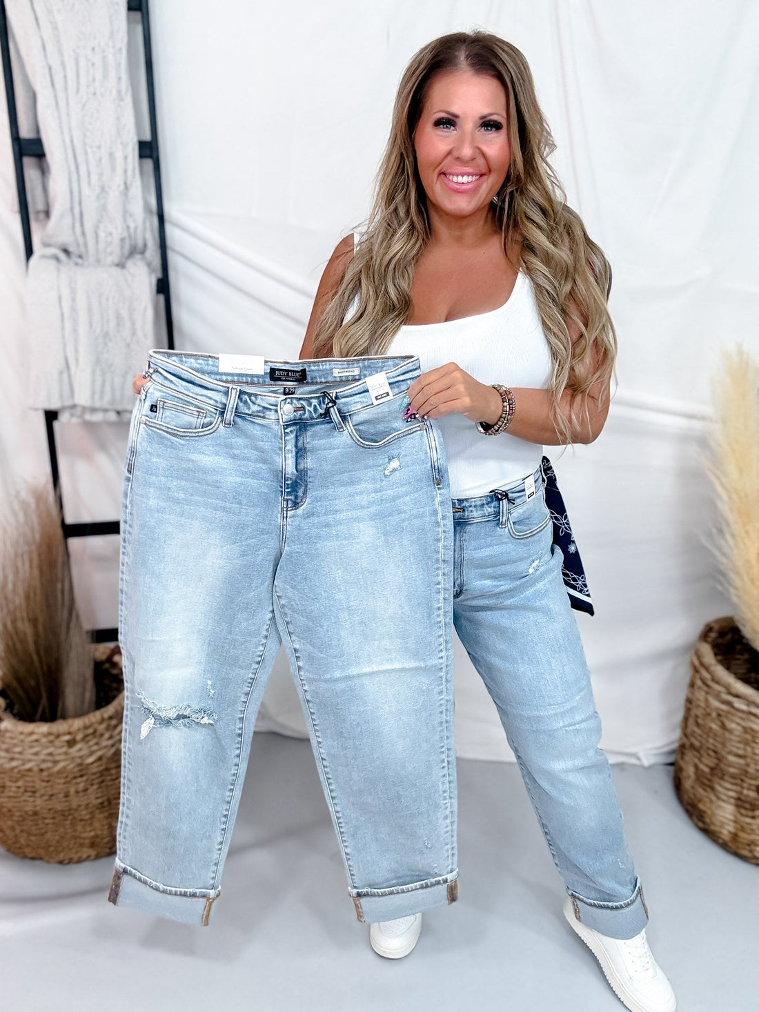 Judy Blue Mid Rise Distressed Knee Boyfriend Jeans W/ Bandana Loop - Whiskey Skies - JUDY BLUE