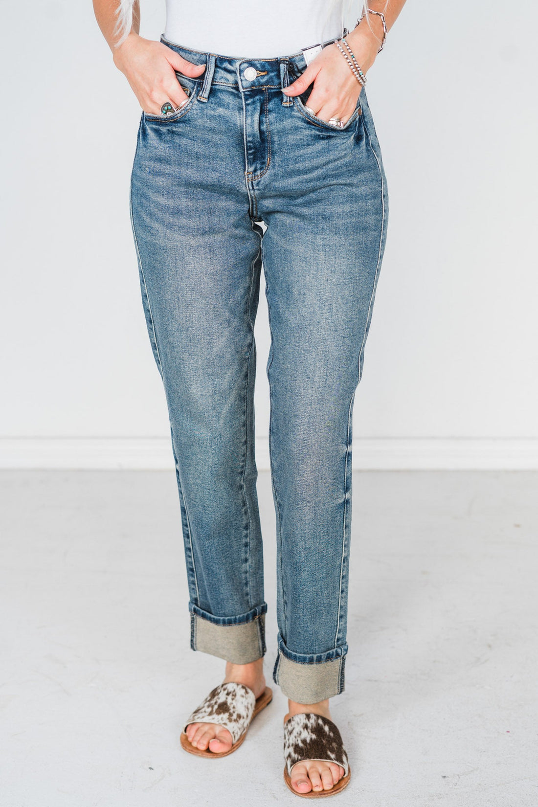 Judy Blue Mid - Rise Double Cuffed Boyfriend Jeans - Whiskey Skies - JUDY BLUE