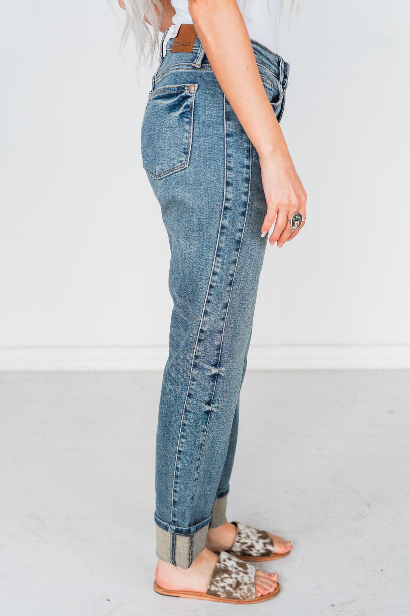 Judy Blue Mid - Rise Double Cuffed Boyfriend Jeans - Whiskey Skies - JUDY BLUE