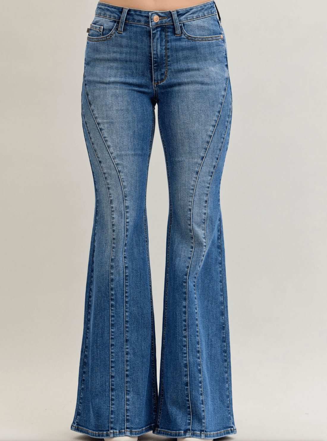 Judy Blue Mid - Rise Flare Double Angular Seam Jeans - Whiskey Skies - JUDY BLUE