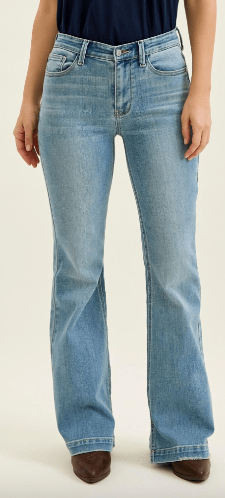 Judy Blue Mid Rise Flare Jeans With Slit Hems (Three Inseams) - Whiskey Skies - JUDY BLUE