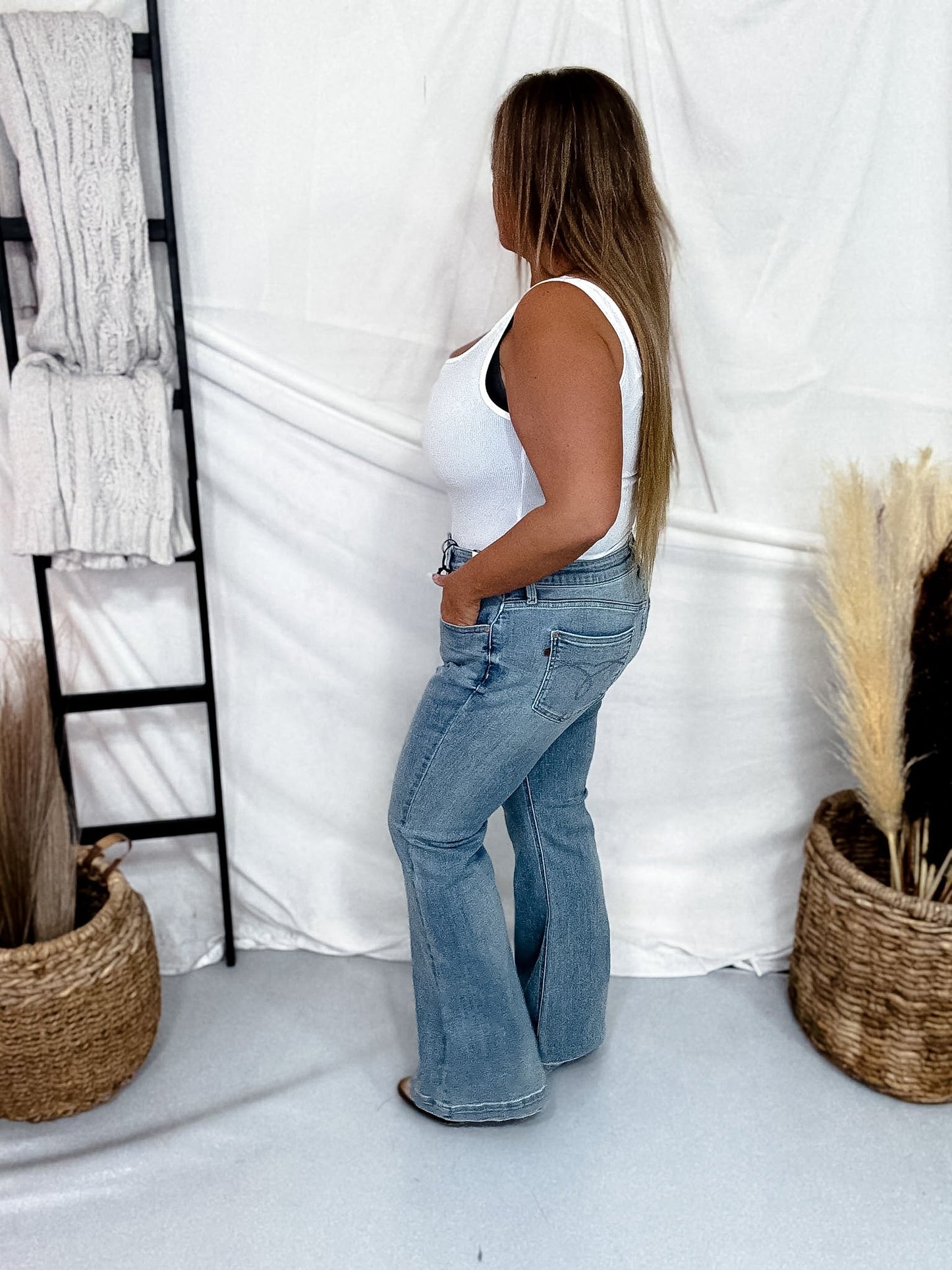 Judy Blue Mid Rise Flare Jeans With Slit Hems (Three Inseams) - Whiskey Skies - JUDY BLUE