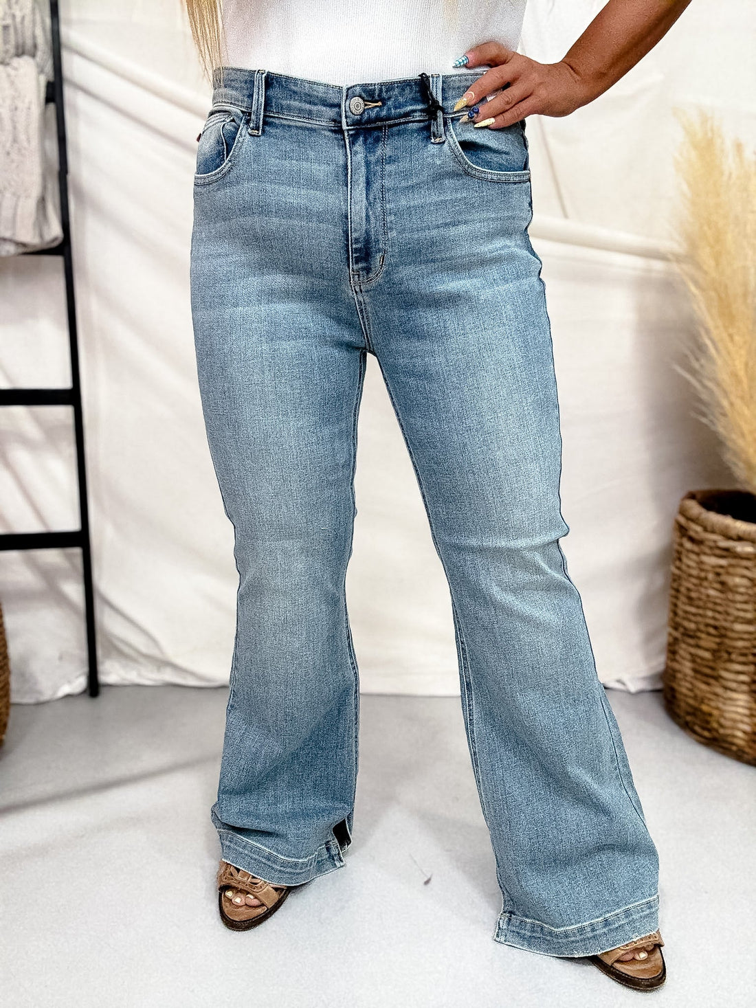 Judy Blue Mid Rise Flare Jeans With Slit Hems (Three Inseams) - Whiskey Skies - JUDY BLUE