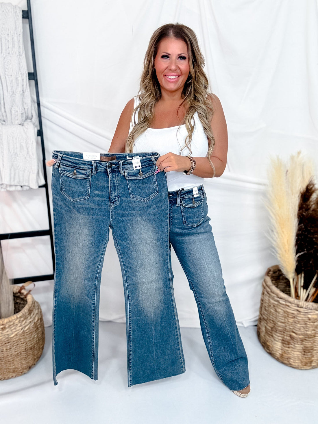 Judy Blue Mid Rise Flares With Front Flap Pockets - Whiskey Skies - JUDY BLUE