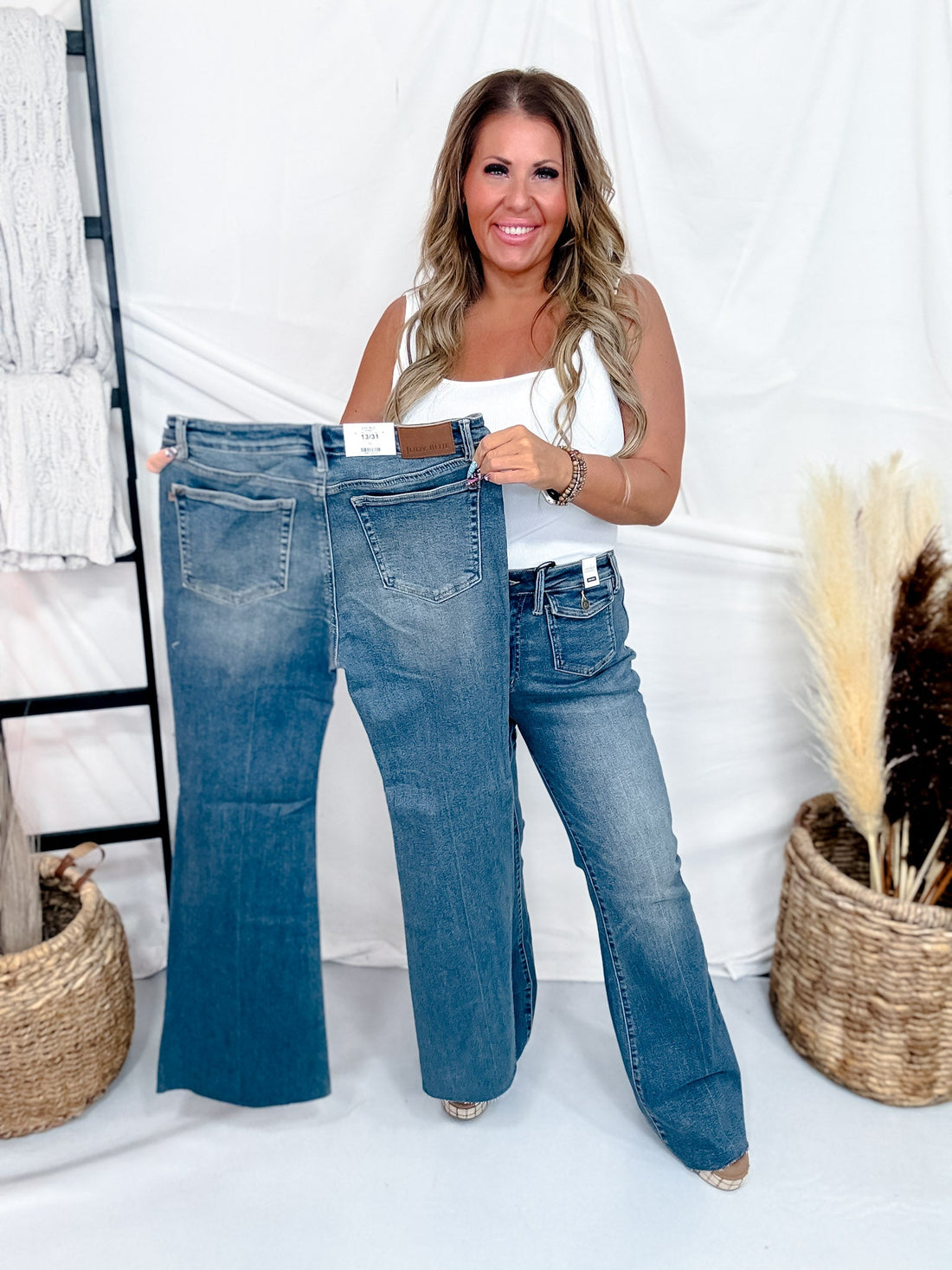 Judy Blue Mid Rise Flares With Front Flap Pockets - Whiskey Skies - JUDY BLUE