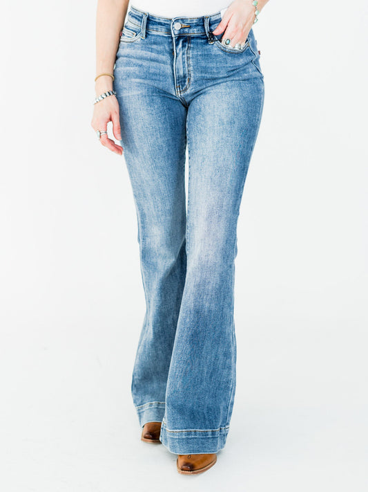 Judy Blue Mid Rise Flares With Wide Hems - Whiskey Skies - JUDY BLUE