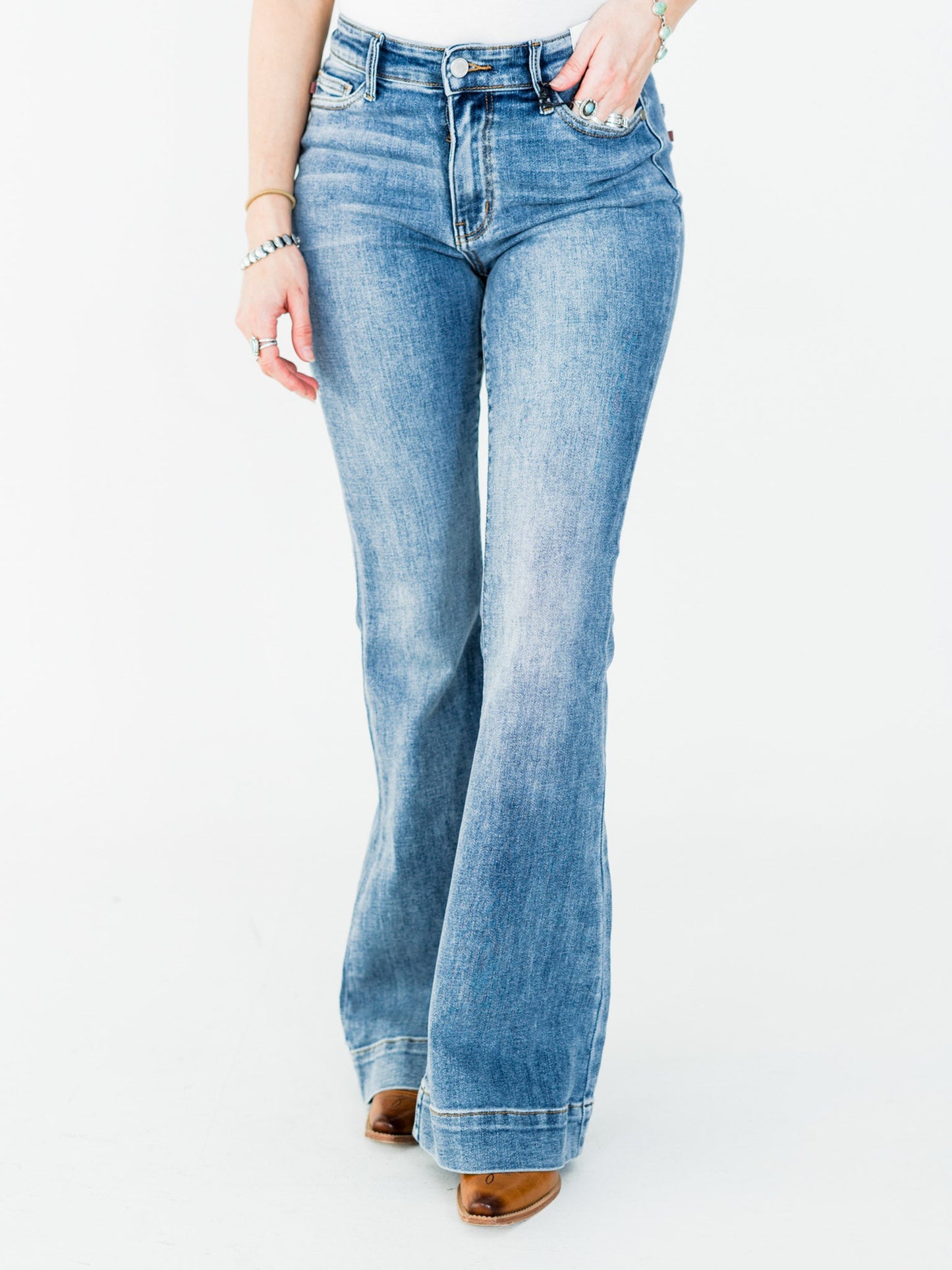 Judy Blue Mid Rise Flares With Wide Hems - Whiskey Skies - JUDY BLUE