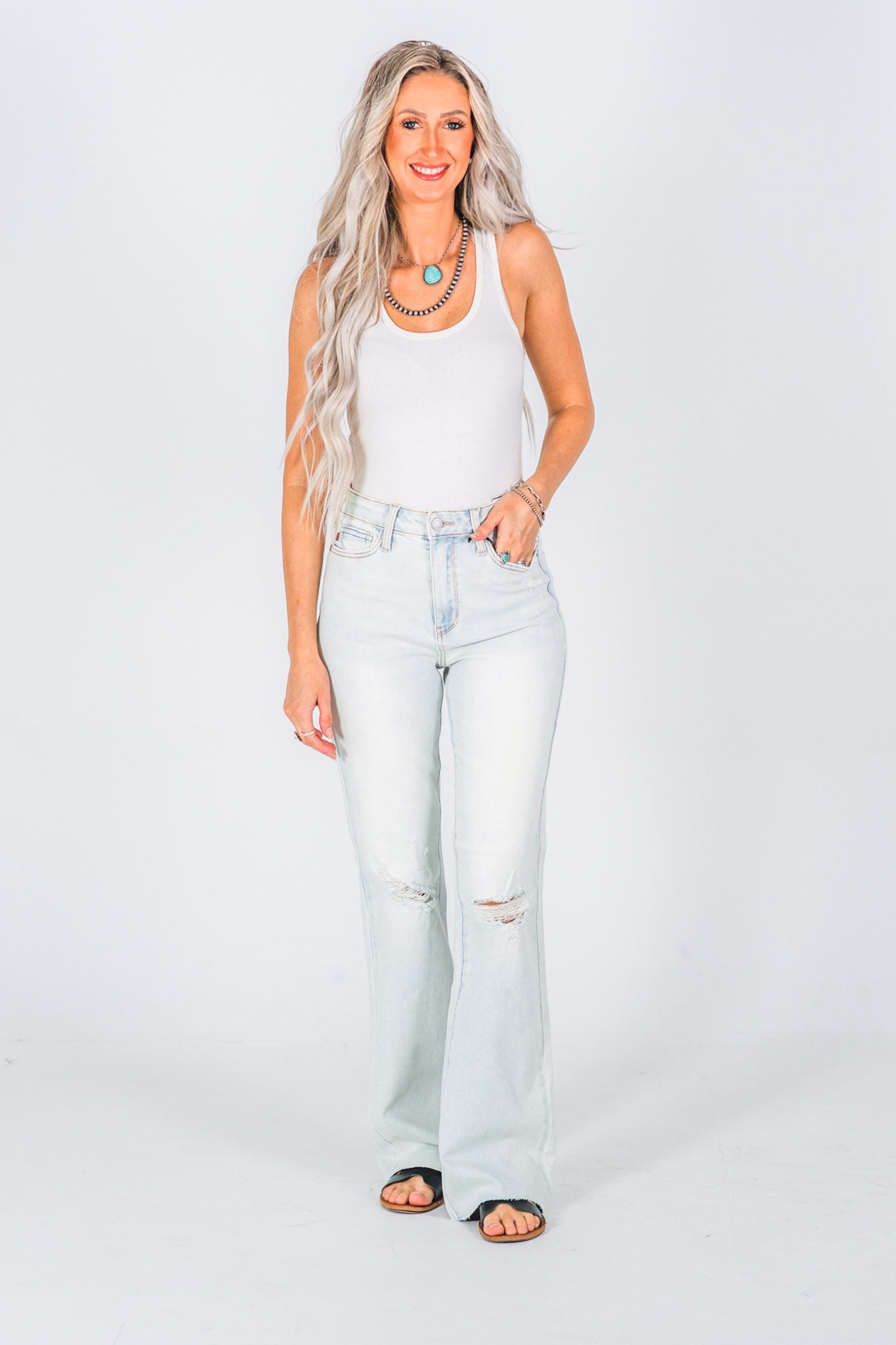 Judy Blue Mid - Rise & Fray Hem Bootcut Jeans - Whiskey Skies - JUDY BLUE