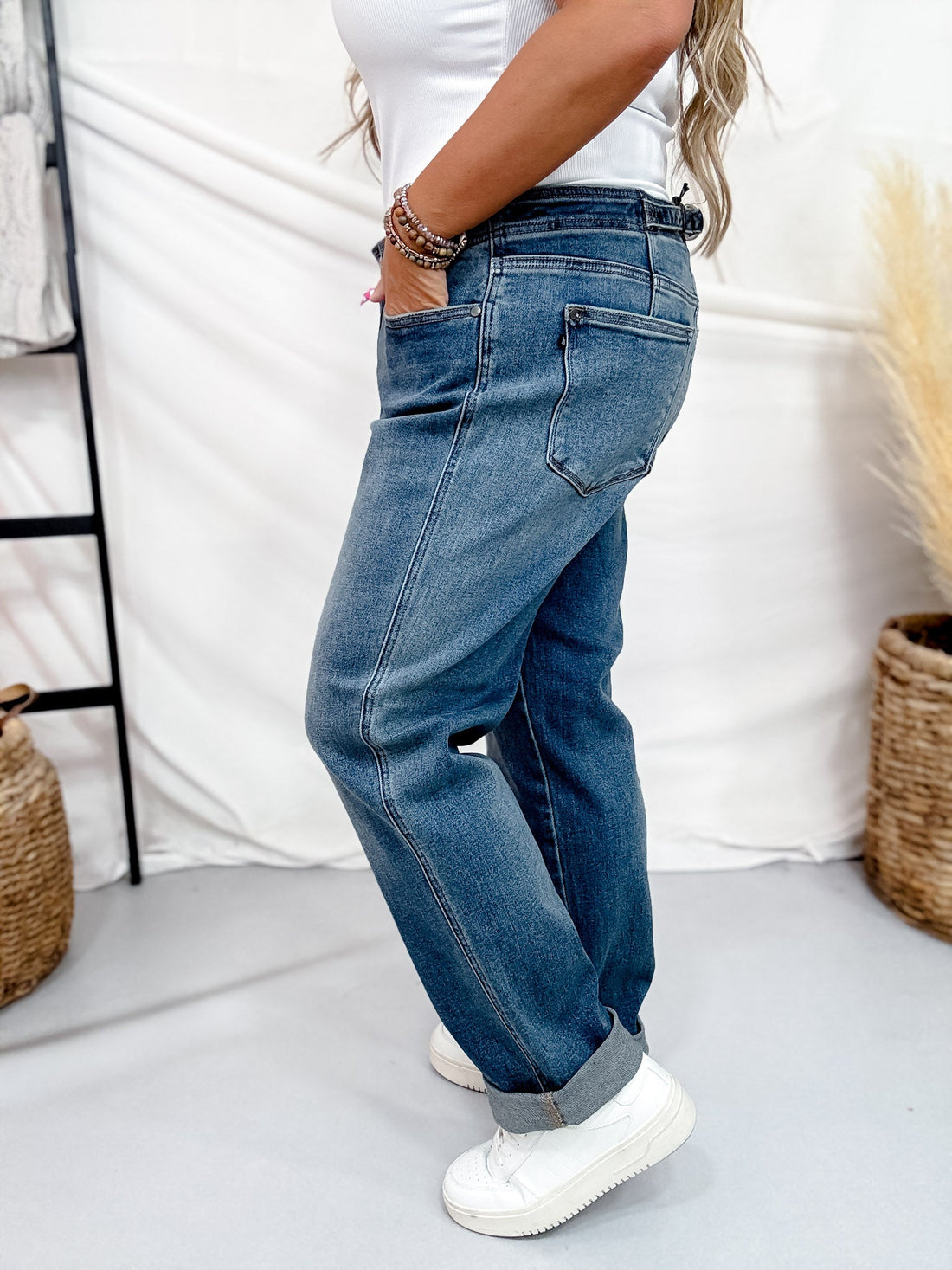 Judy Blue Mid Rise Hollywood Waist Boyfriend Jeans W/ Adjustable Waist Tab - Whiskey Skies - JUDY BLUE