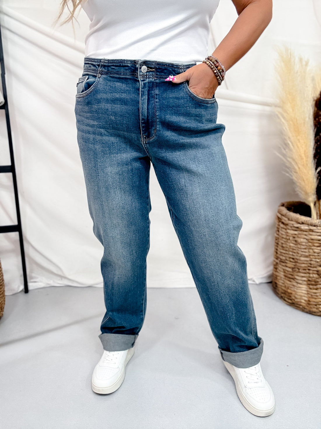 Judy Blue Mid Rise Hollywood Waist Boyfriend Jeans W/ Adjustable Waist Tab - Whiskey Skies - JUDY BLUE