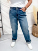 Judy Blue Mid Rise Hollywood Waist Boyfriend Jeans W/ Adjustable Waist Tab - Whiskey Skies - JUDY BLUE