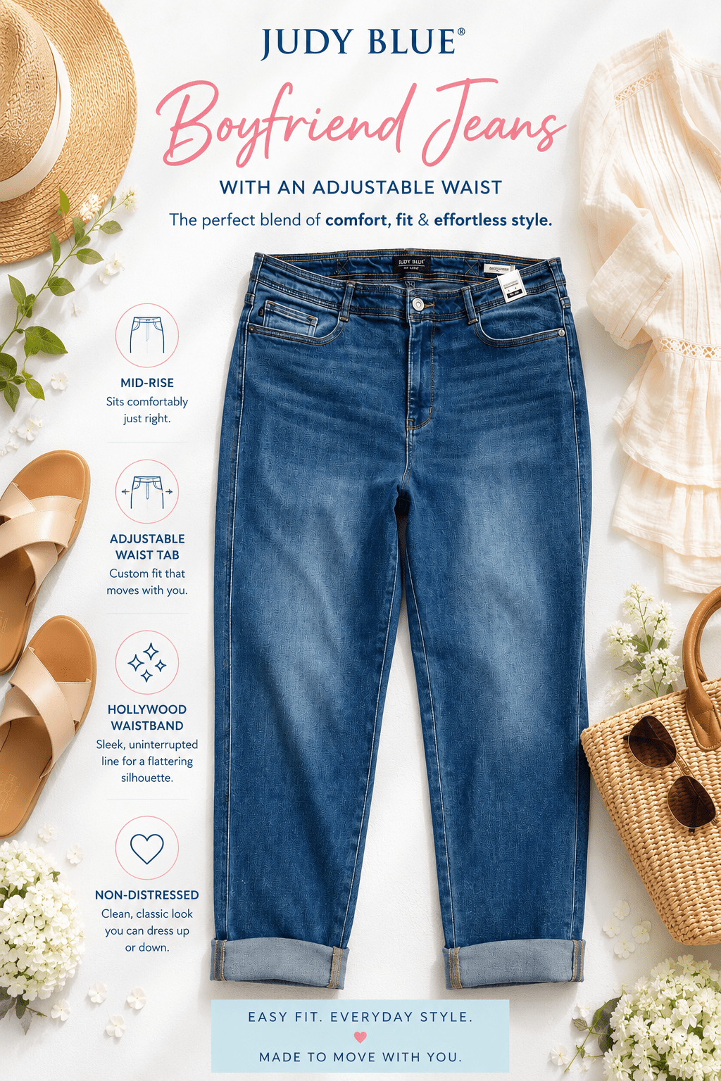 Judy Blue Mid Rise Hollywood Waist Boyfriend Jeans W/ Adjustable Waist Tab - Whiskey Skies - JUDY BLUE