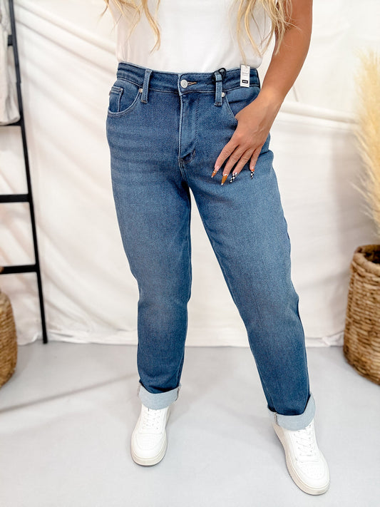 Judy Blue Mid Rise Indigo Knit Boyfriend Jeans - Whiskey Skies - JUDY BLUE