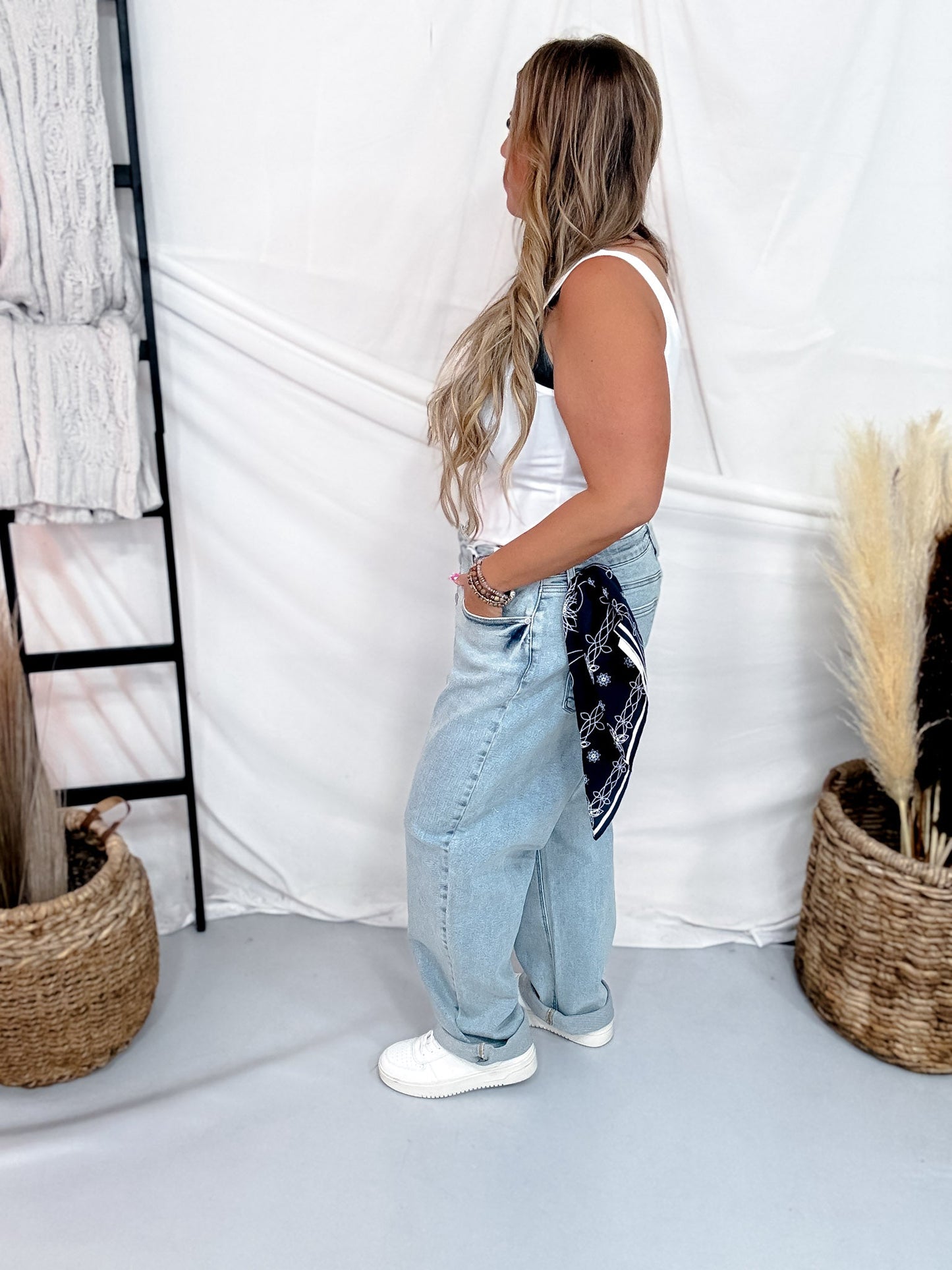Judy Blue Mid-Rise Marlow Arc Leg W/ Bandana Loop Jeans - Whiskey Skies - JUDY BLUE