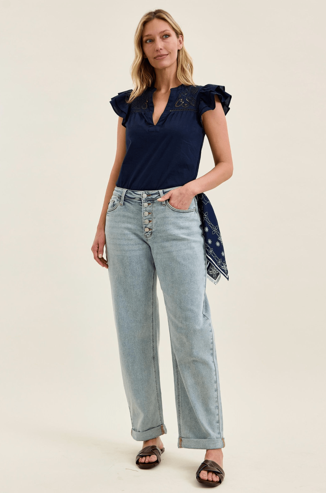 Judy Blue Mid-Rise Marlow Arc Leg W/ Bandana Loop Jeans - Whiskey Skies - JUDY BLUE