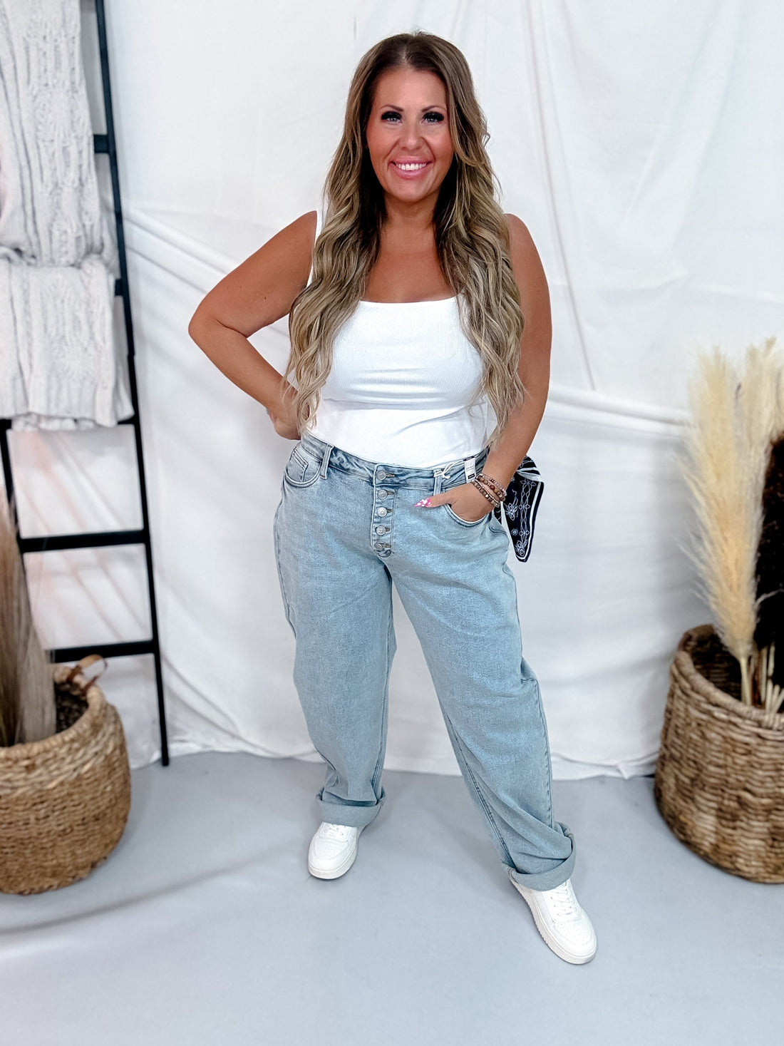 Judy Blue Mid-Rise Marlow Arc Leg W/ Bandana Loop Jeans - Whiskey Skies - JUDY BLUE