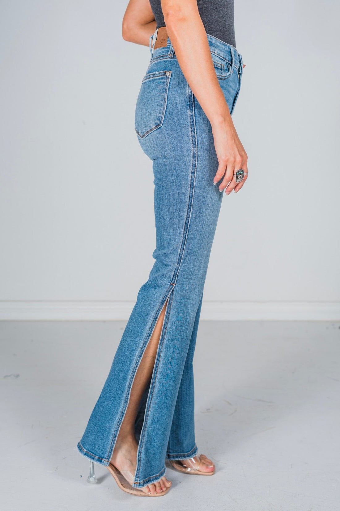 Judy Blue Mid Rise Peek - A - Boot Hem Slit Flare Jeans FINAL SALE - Whiskey Skies - JUDY BLUE