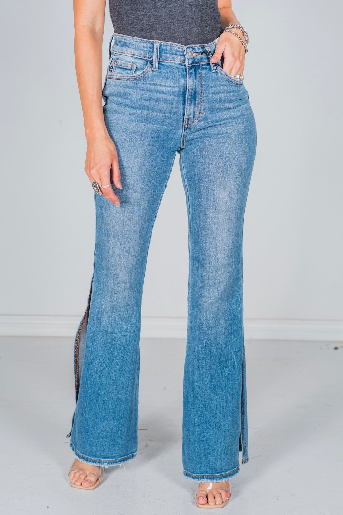 Judy Blue Mid Rise Peek - A - Boot Hem Slit Flare Jeans FINAL SALE - Whiskey Skies - JUDY BLUE