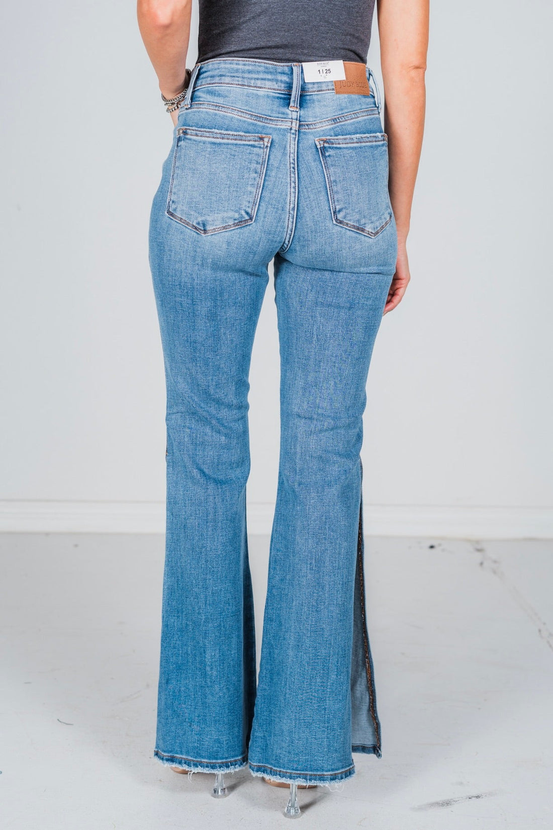 Judy Blue Mid Rise Peek - A - Boot Hem Slit Flare Jeans FINAL SALE - Whiskey Skies - JUDY BLUE