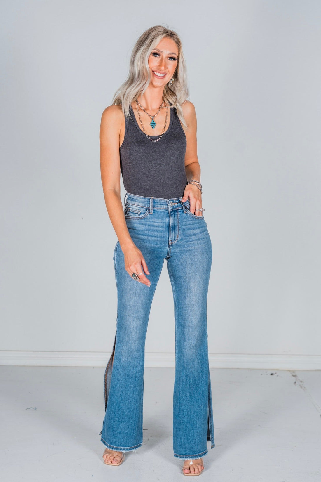 Judy Blue Mid Rise Peek - A - Boot Hem Slit Flare Jeans FINAL SALE - Whiskey Skies - JUDY BLUE