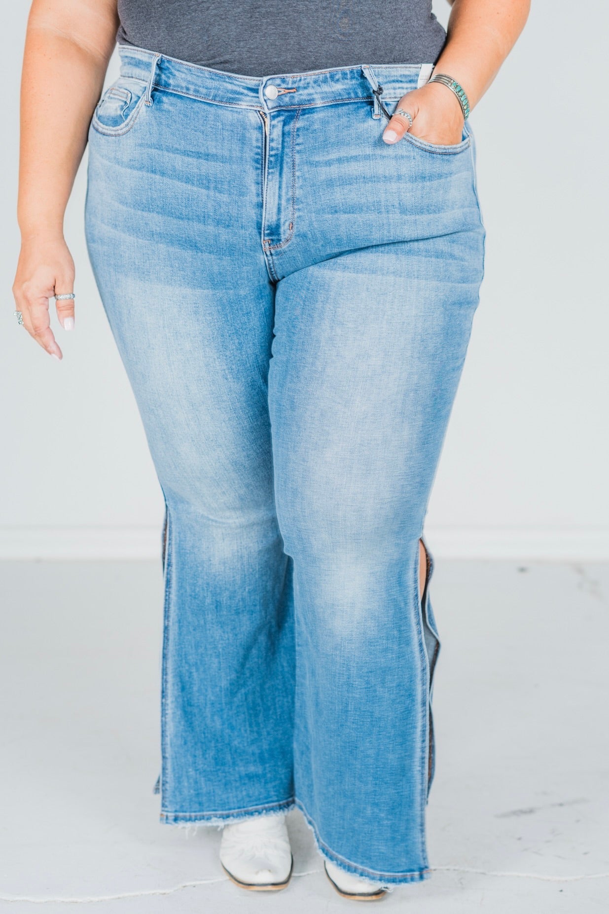 Judy Blue Mid Rise Peek - A - Boot Hem Slit Flare Jeans FINAL SALE - Whiskey Skies - JUDY BLUE