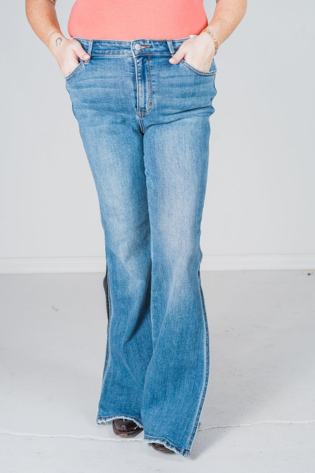 Judy Blue Mid Rise Peek - A - Boot Hem Slit Flare Jeans FINAL SALE - Whiskey Skies - JUDY BLUE