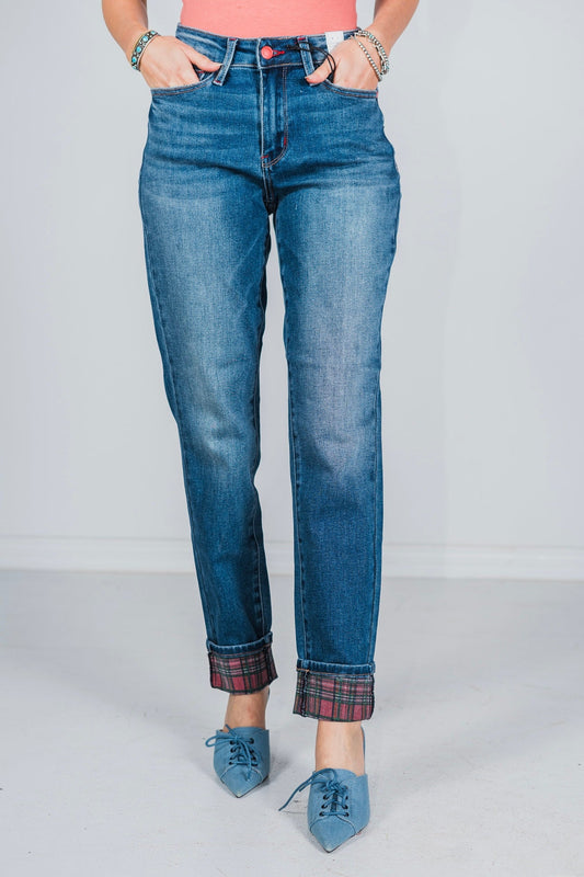 Judy Blue Mid - Rise Plaid Cuff Boyfriend Jeans - Whiskey Skies - JUDY BLUE