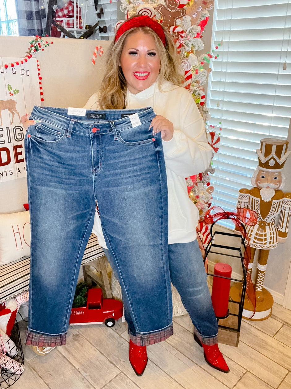 Judy Blue Daydream Believer Plaid Cuffed Boyfriend Jeans (0-24W) main image 0