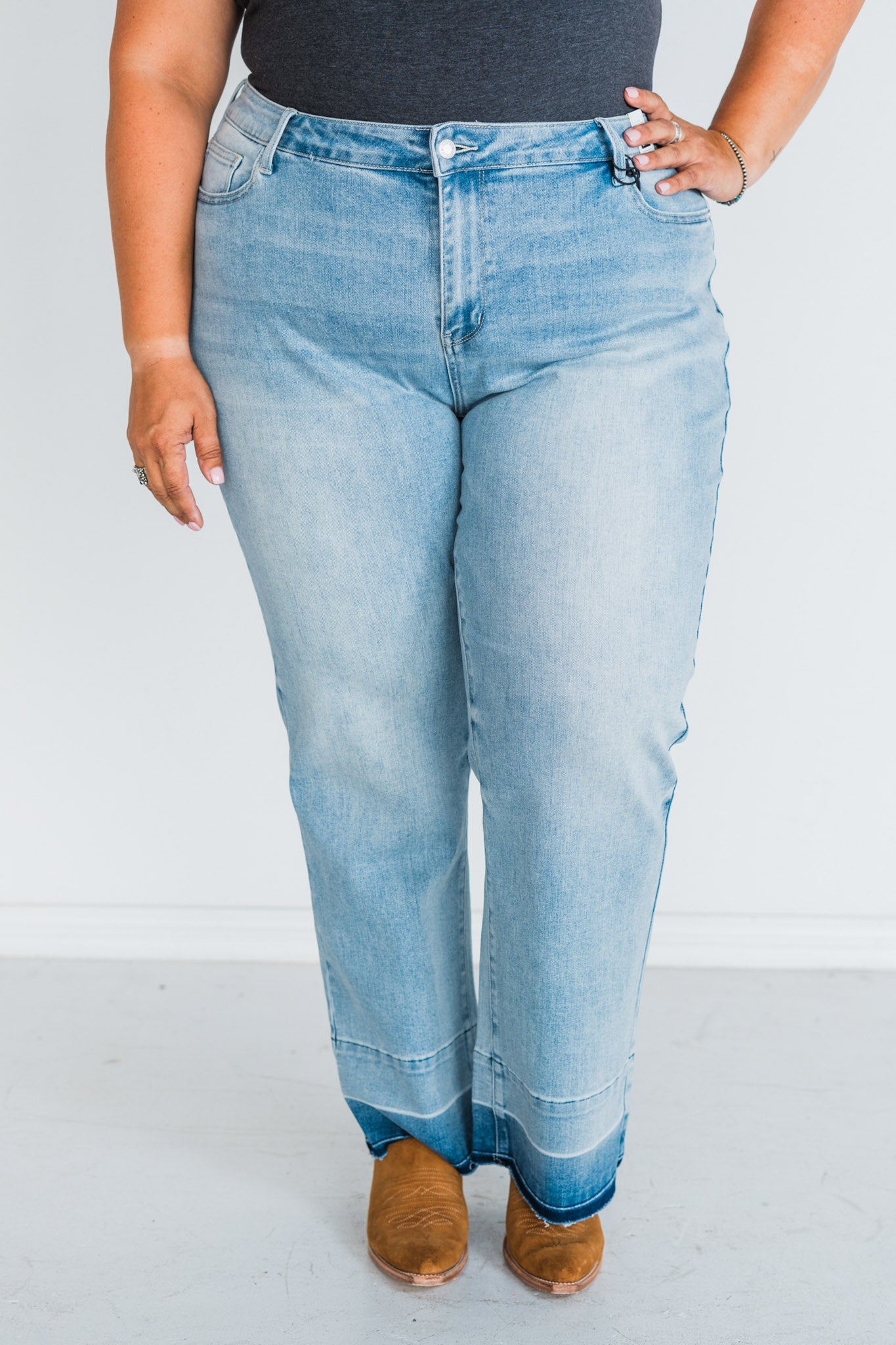 Judy Blue Mid - Rise Release Hem Wide Leg Jeans - Whiskey Skies - JUDY BLUE