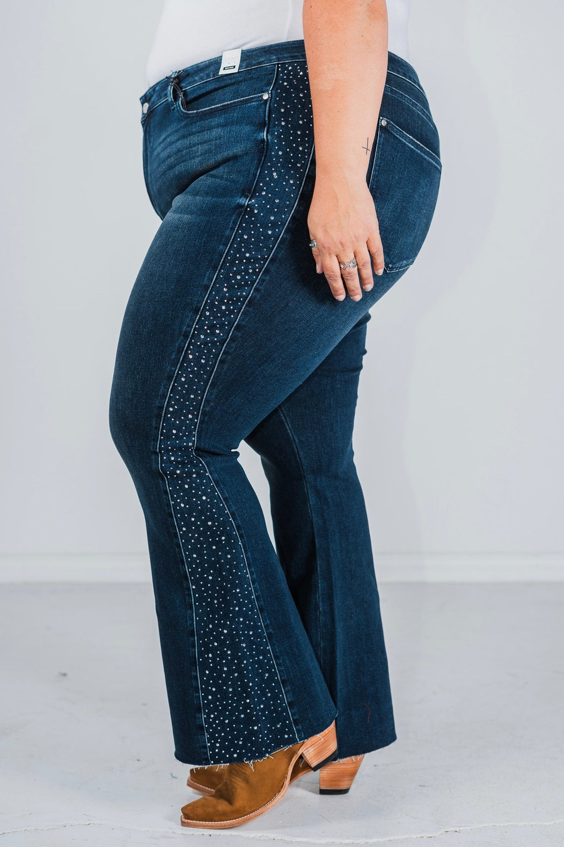 Judy Blue Mid Rise Rhinestone Side Panel Detail Flares - Whiskey Skies - JUDY BLUE