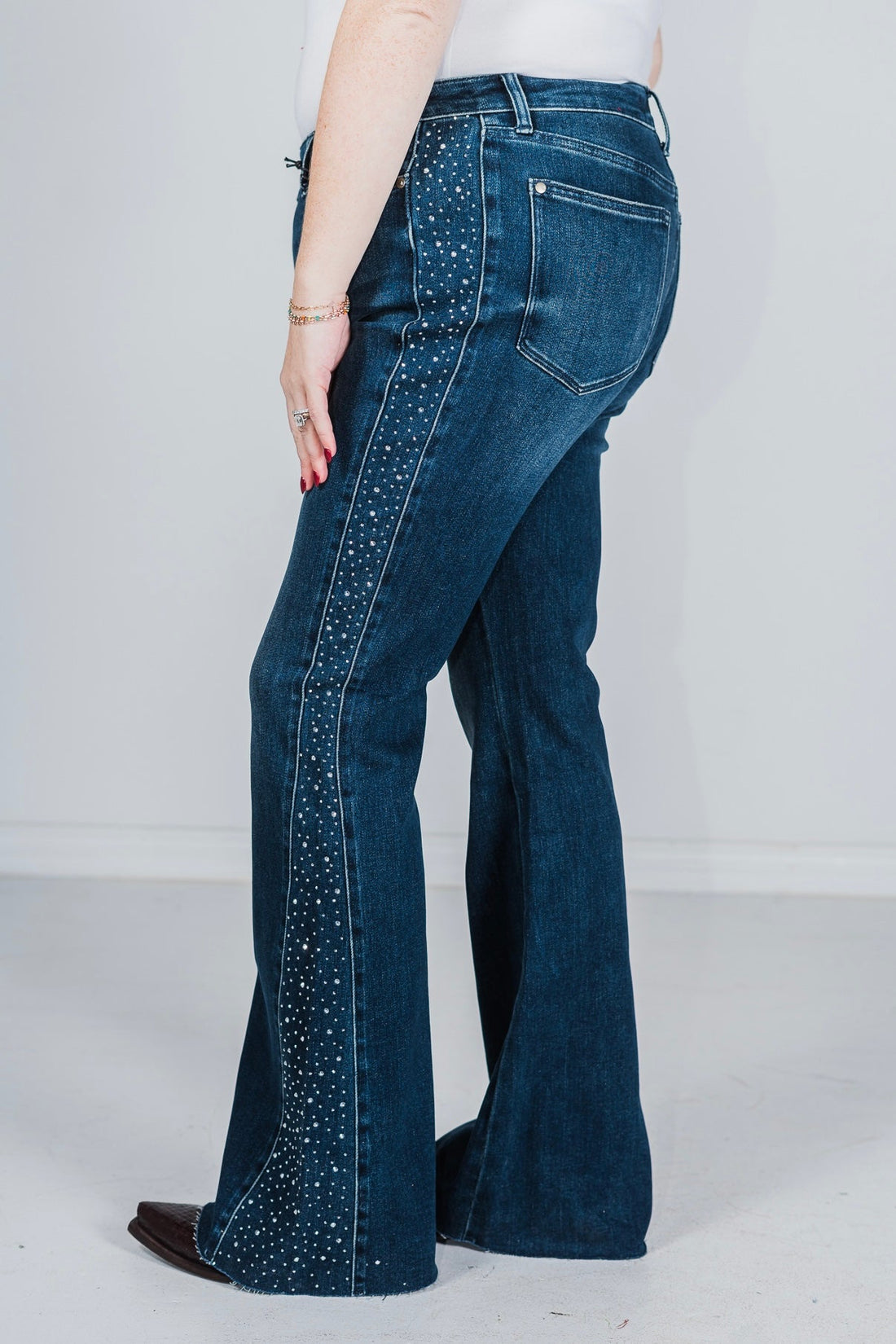 Judy Blue Mid Rise Rhinestone Side Panel Detail Flares - Whiskey Skies - JUDY BLUE