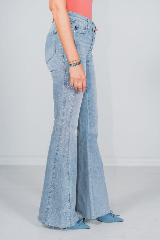 Judy Blue Mid - Rise Rhinestone Side Panel Flares - Whiskey Skies - JUDY BLUE