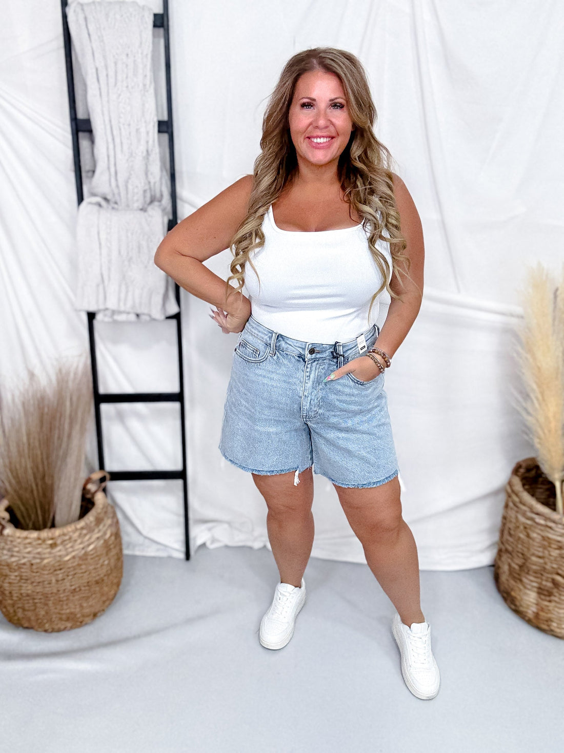 Judy Blue Mid Rise Rigid Magic Dad Shorts W/ Cell Phone Pocket - Whiskey Skies - JUDY BLUE