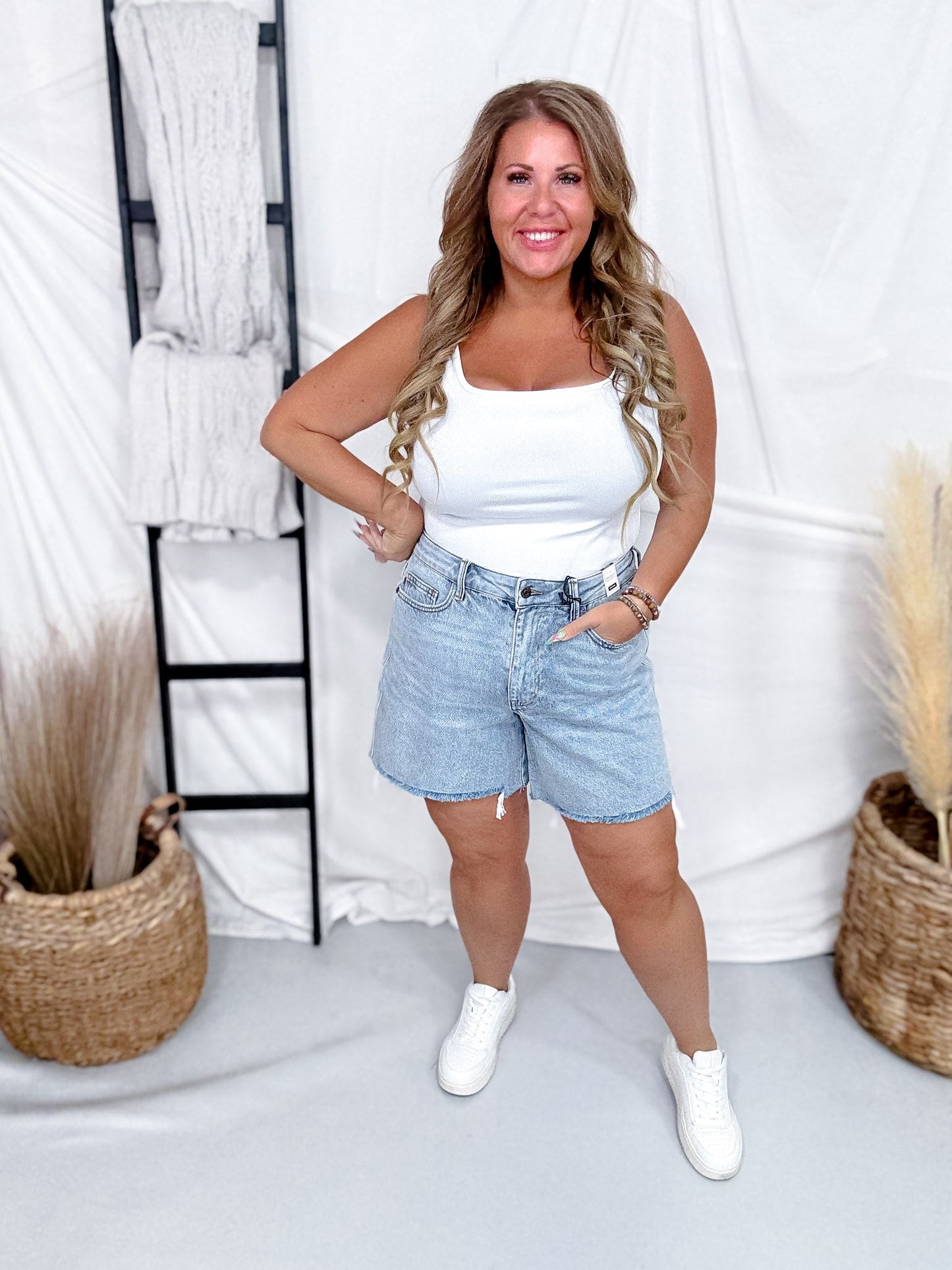 Judy Blue Mid Rise Rigid Magic Dad Shorts W/ Cell Phone Pocket - Whiskey Skies - JUDY BLUE