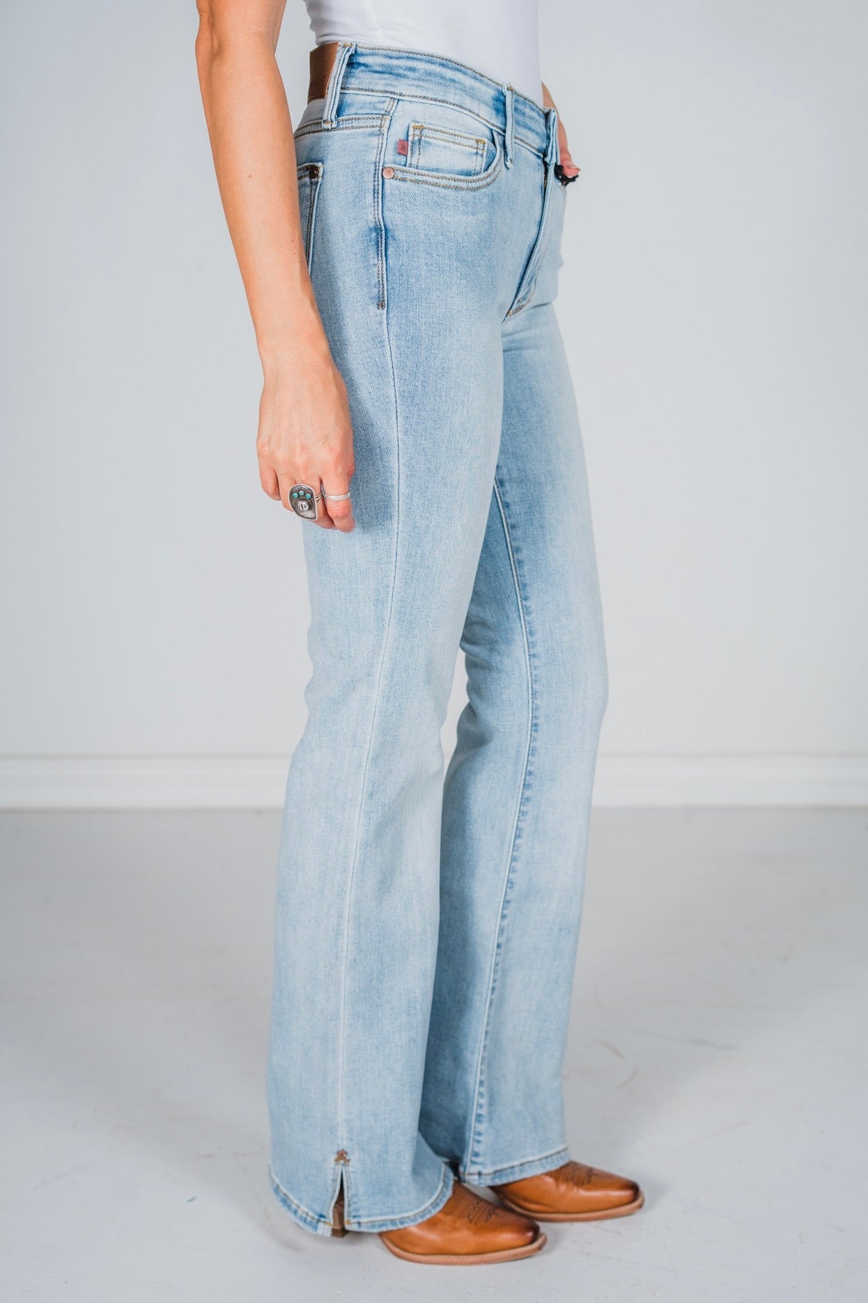 Judy Blue Mid Rise Side Slit Hem Bootcut Jeans - Whiskey Skies - JUDY BLUE