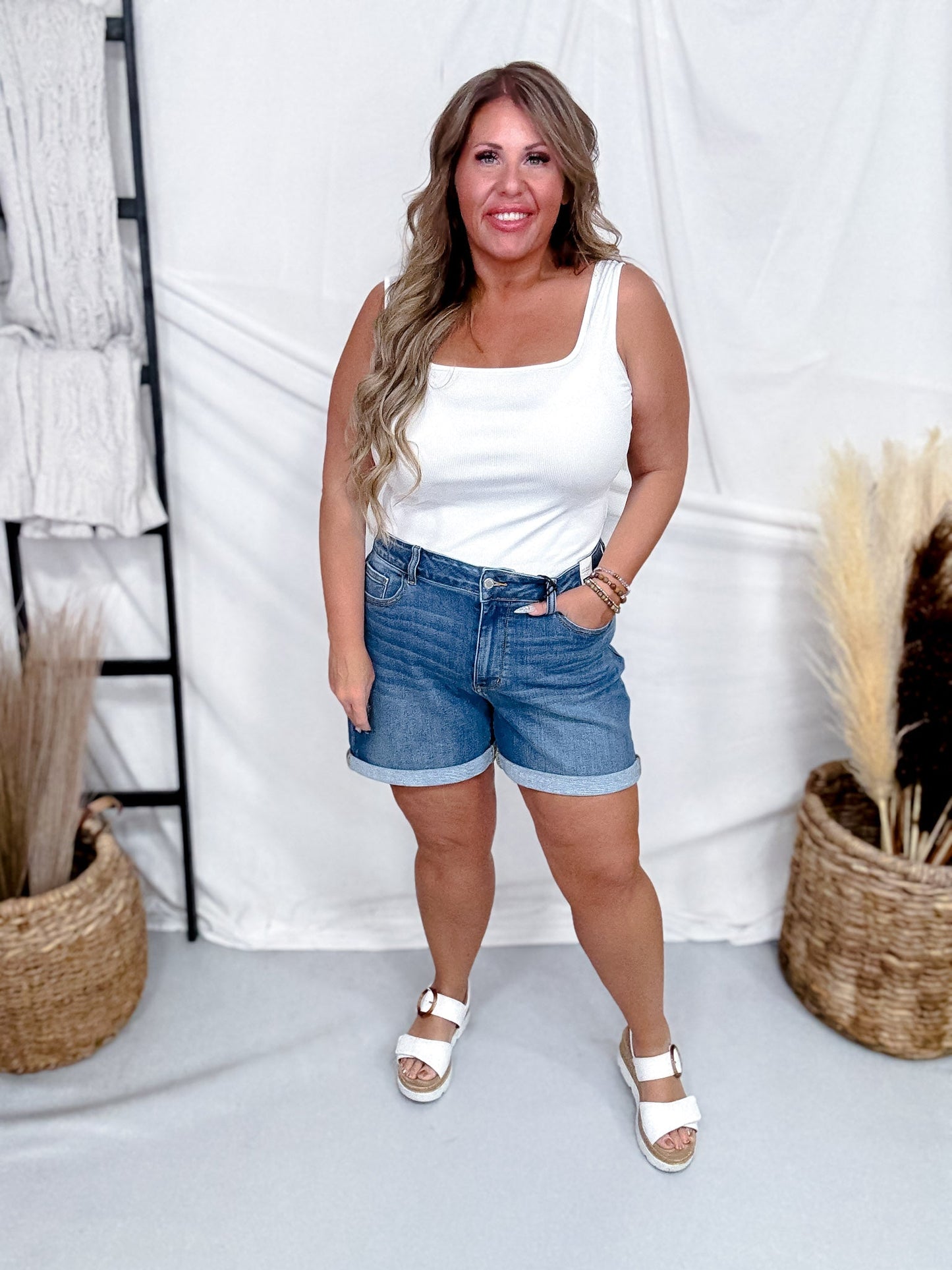 Judy Blue Mid Rise Slim Fit Denim Shorts - Whiskey Skies - JUDY BLUE