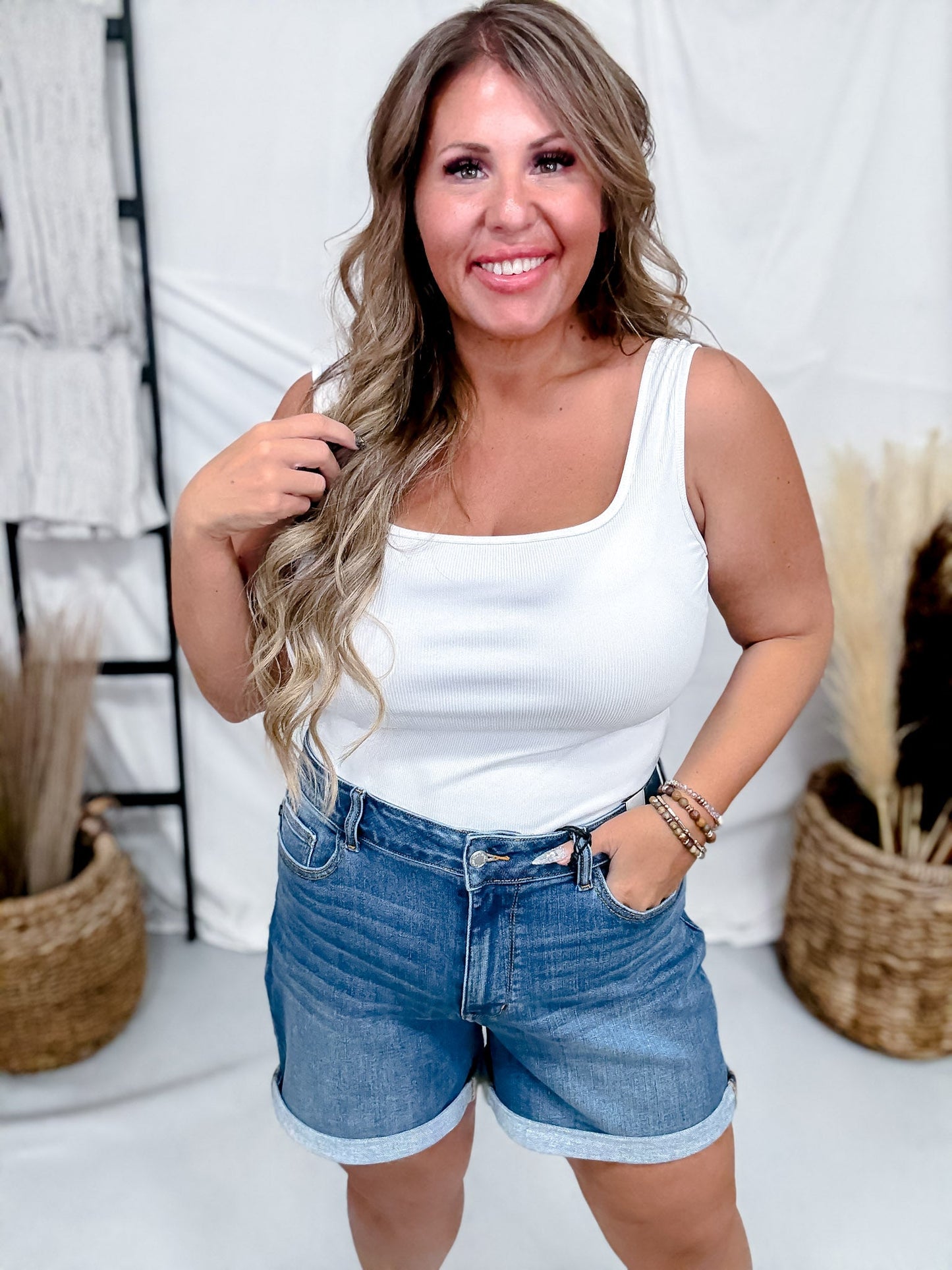 Judy Blue Mid Rise Slim Fit Denim Shorts - Whiskey Skies - JUDY BLUE