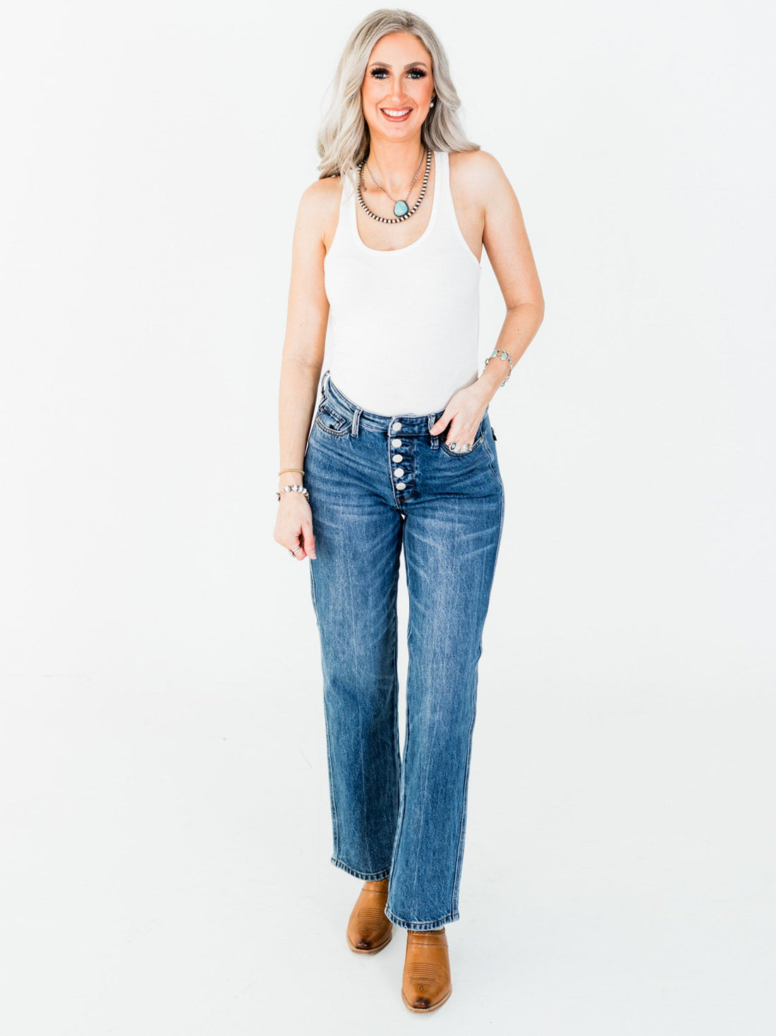 Judy Blue Mid - Rise Slim Straight Rigid Magic Button Fly Jeans - Whiskey Skies - JUDY BLUE