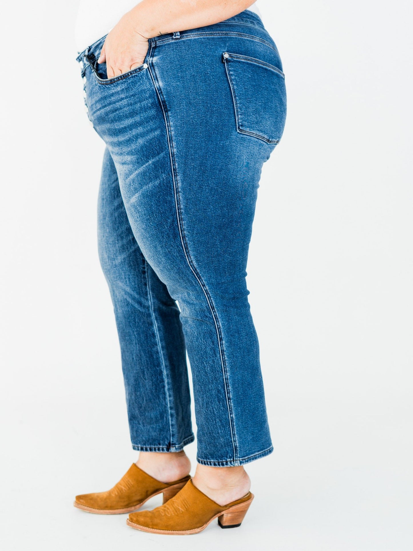 Judy Blue Mid - Rise Slim Straight Rigid Magic Button Fly Jeans - Whiskey Skies - JUDY BLUE