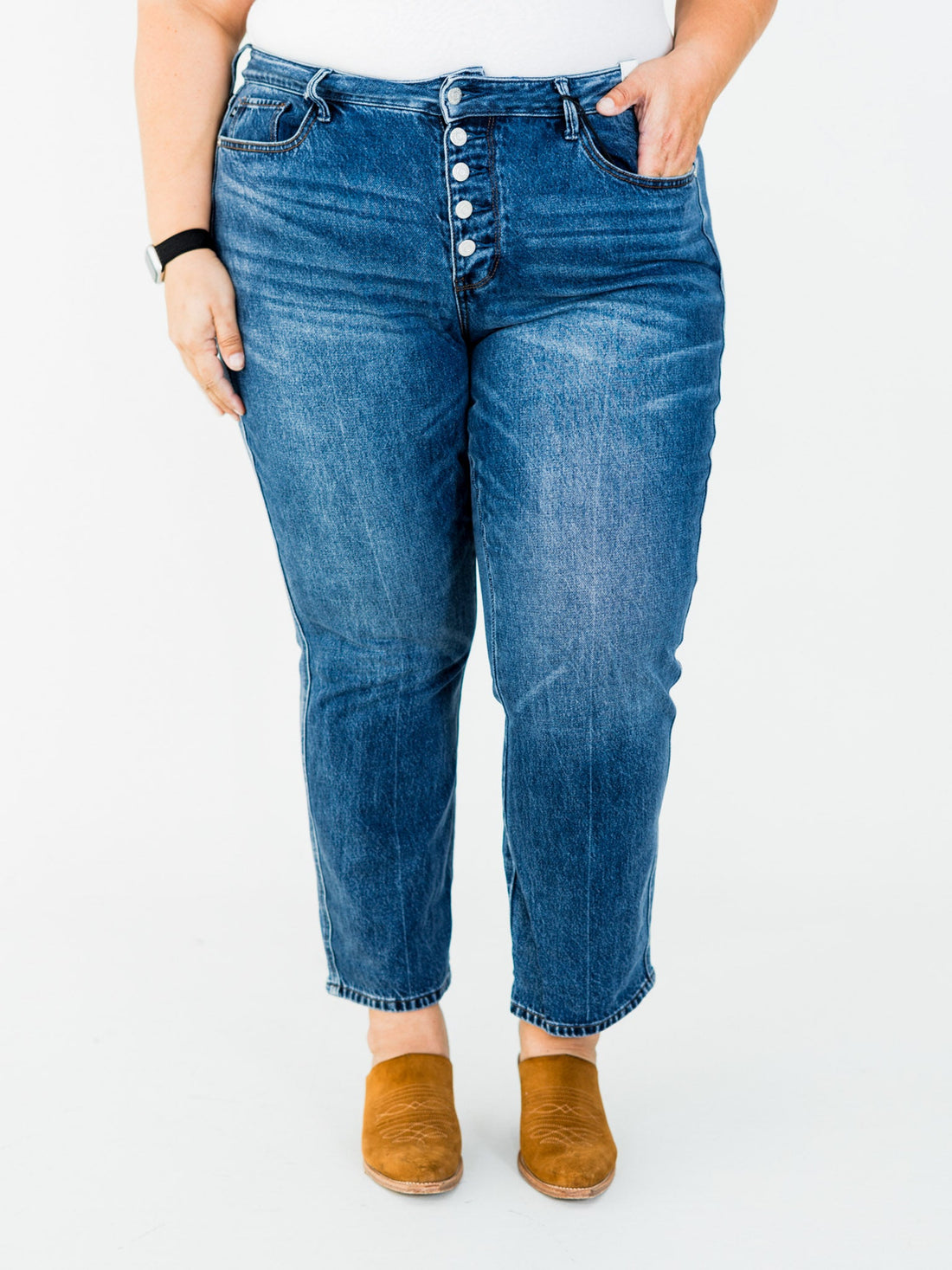 Judy Blue Mid - Rise Slim Straight Rigid Magic Button Fly Jeans - Whiskey Skies - JUDY BLUE