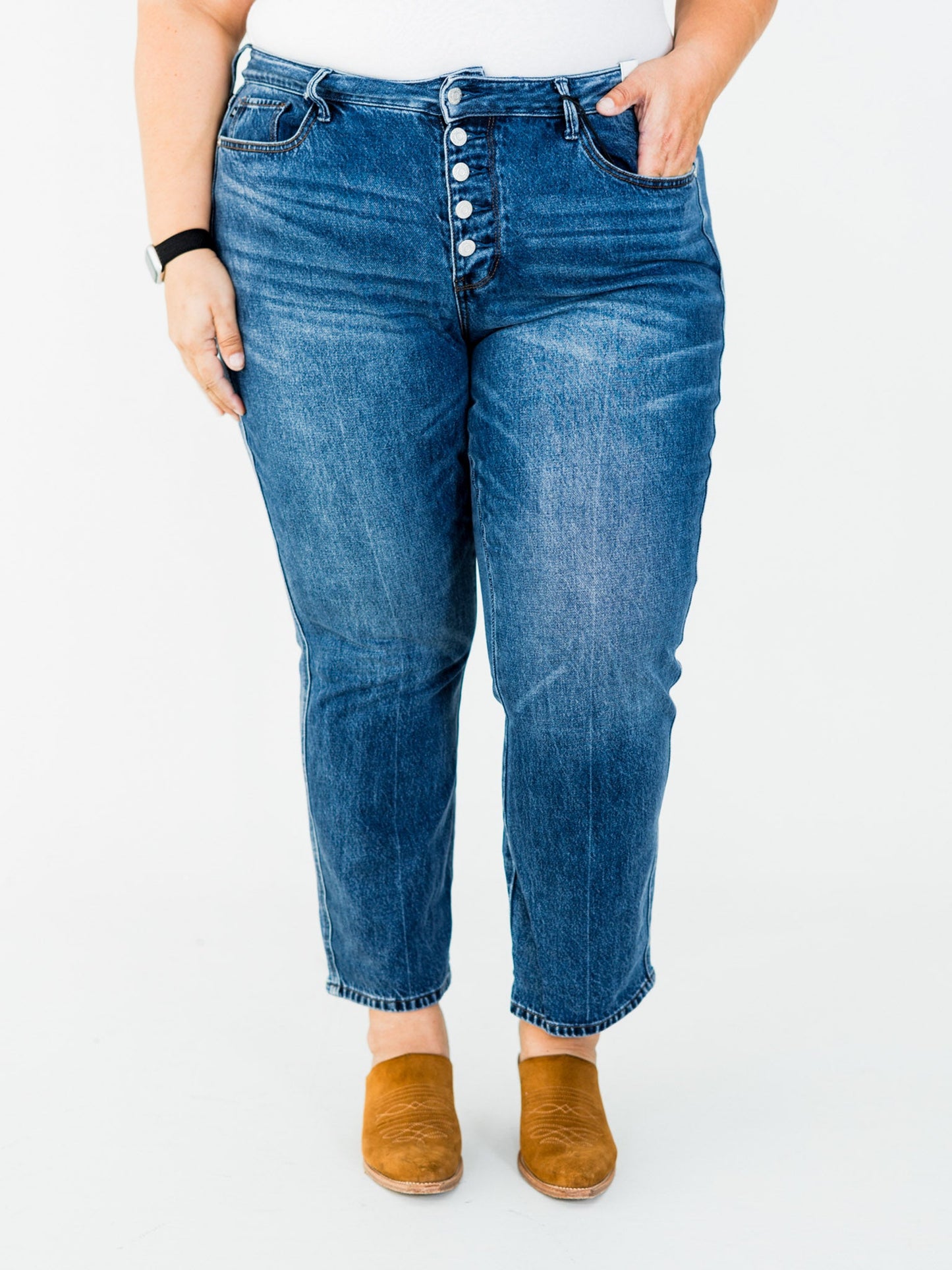 Judy Blue Mid - Rise Slim Straight Rigid Magic Button Fly Jeans - Whiskey Skies - JUDY BLUE