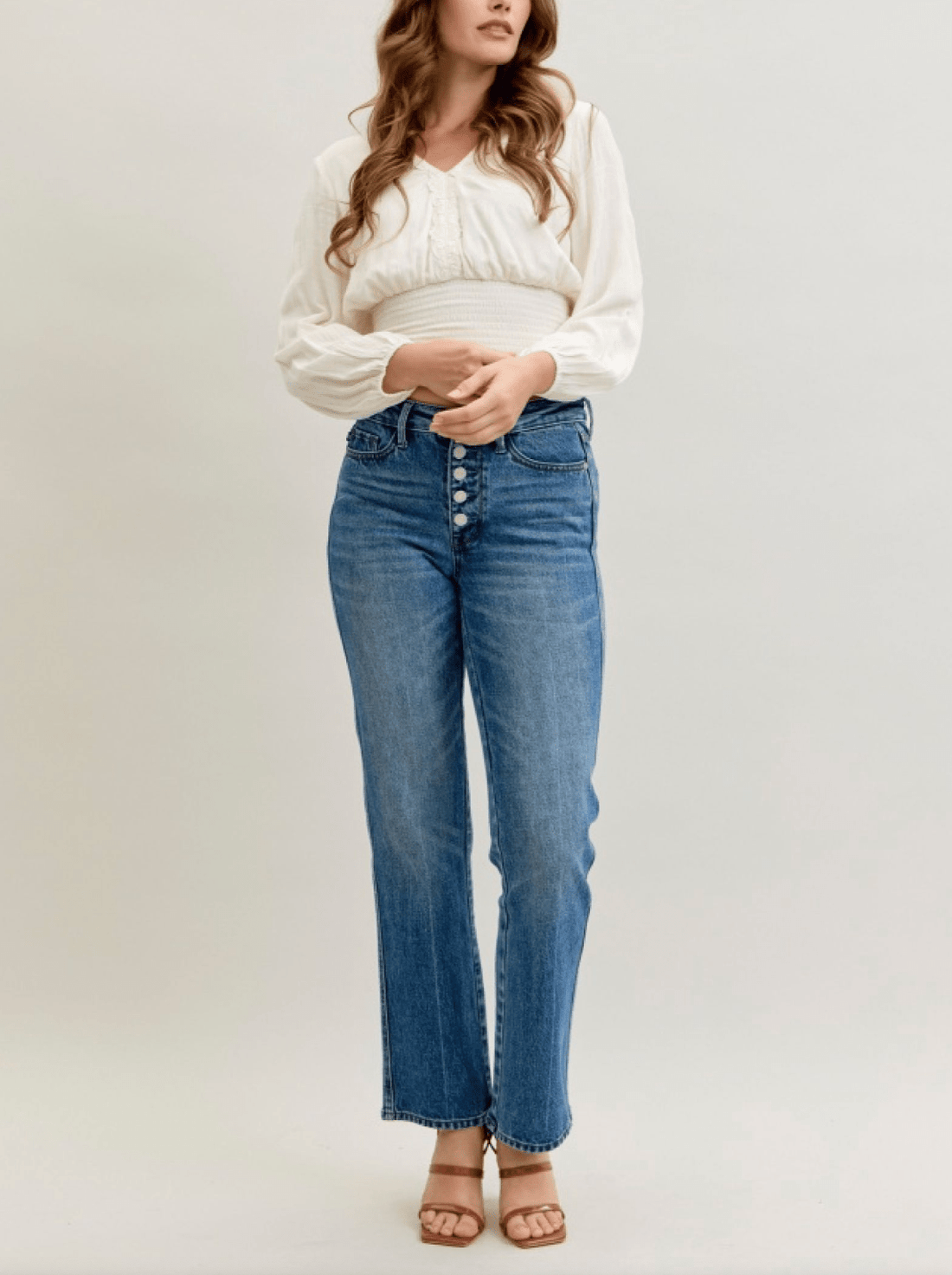 Judy Blue Mid - Rise Slim Straight Rigid Magic Button Fly Jeans - Whiskey Skies - JUDY BLUE