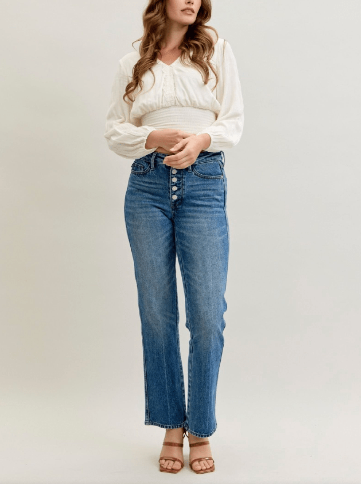 Judy Blue Mid - Rise Slim Straight Rigid Magic Button Fly Jeans - Whiskey Skies - JUDY BLUE