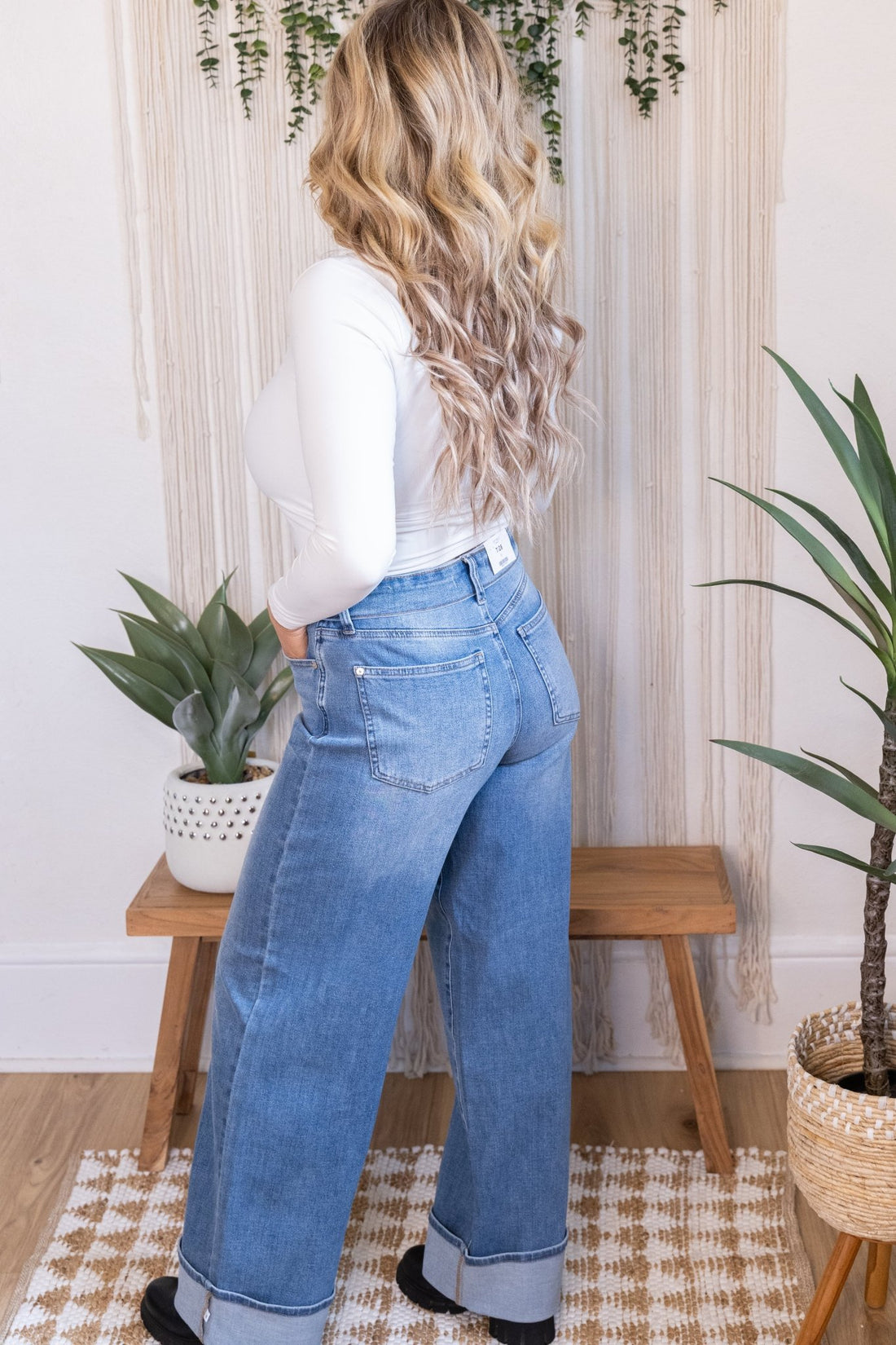 Judy Blue Mid Rise Straight Leg Jeans With Foldover Waist - Whiskey Skies - JUDY BLUE