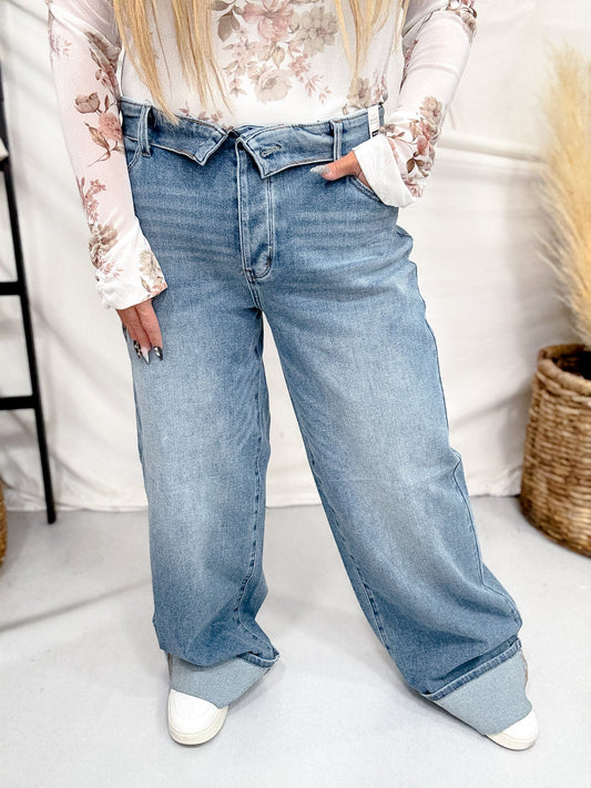 Judy Blue Mid Rise Straight Leg Jeans With Foldover Waist - Whiskey Skies - JUDY BLUE