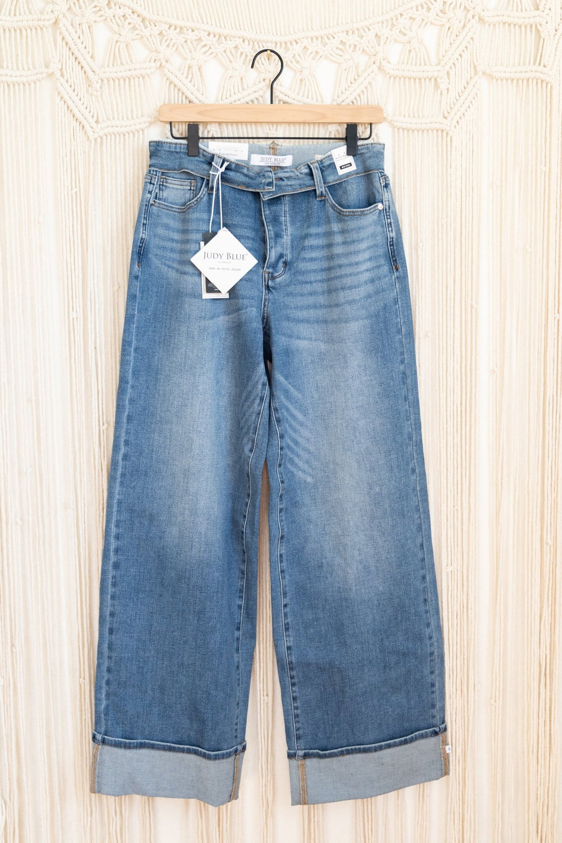 Judy Blue Mid Rise Straight Leg Jeans With Foldover Waist - Whiskey Skies - JUDY BLUE