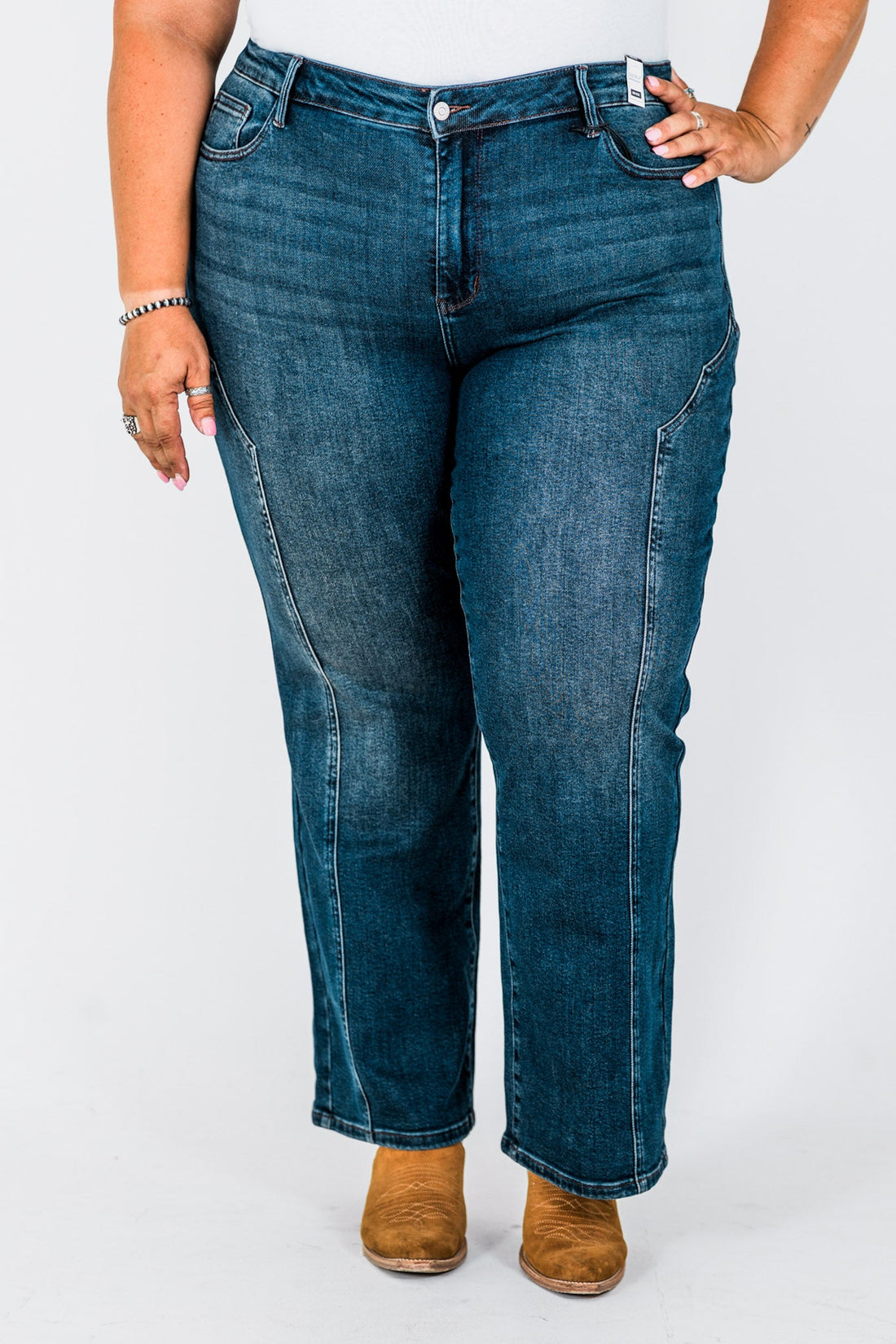 Judy Blue Mid - Rise Straight Western Seam Detail Jeans - Whiskey Skies - JUDY BLUE