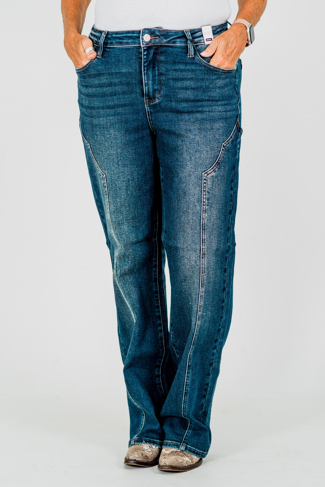 Judy Blue Mid - Rise Straight Western Seam Detail Jeans - Whiskey Skies - JUDY BLUE