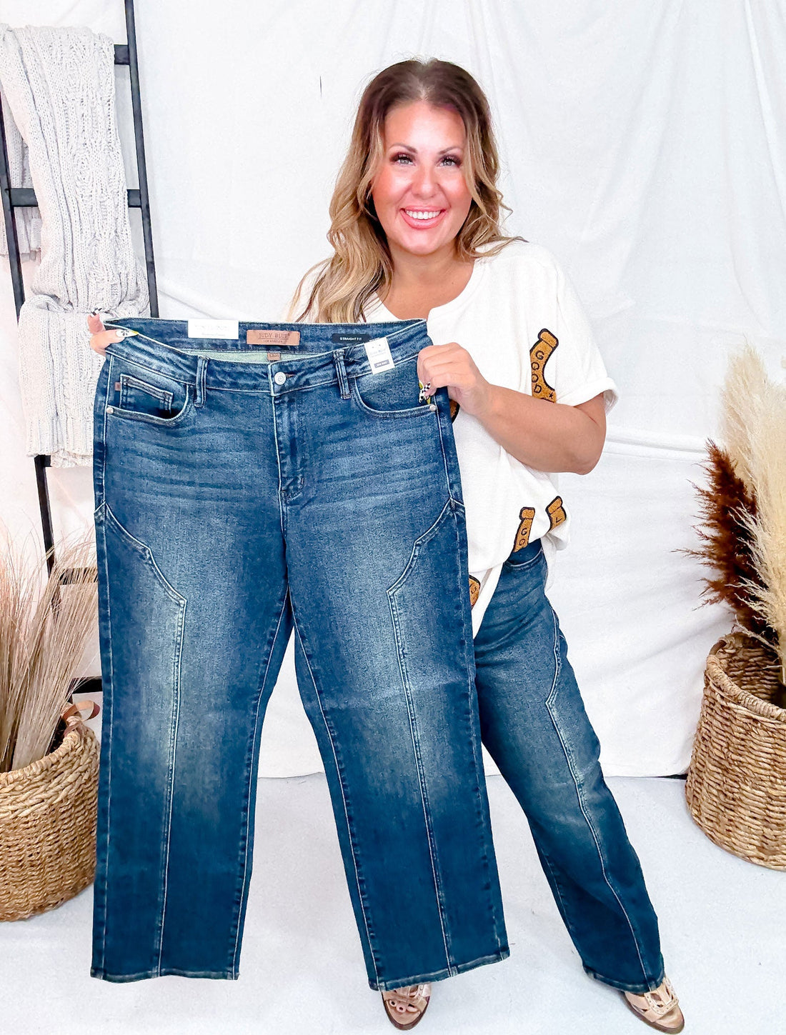 Judy Blue Mid - Rise Straight Western Seam Detail Jeans - Whiskey Skies - JUDY BLUE