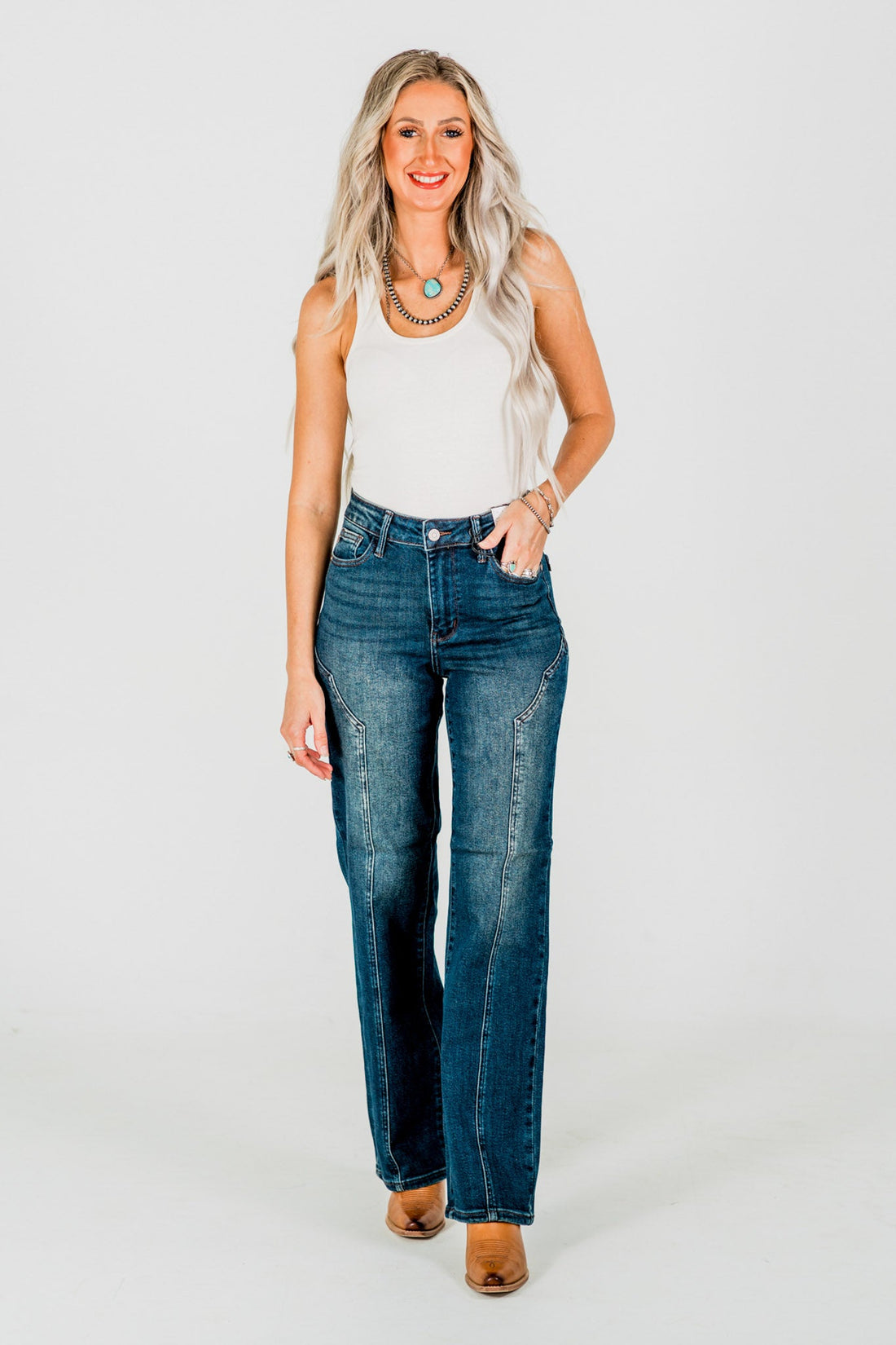 Judy Blue Mid - Rise Straight Western Seam Detail Jeans - Whiskey Skies - JUDY BLUE